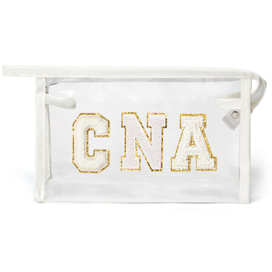 Y1tvei Clear CNA Makeup Bag - Preppy White CNA Chenille Varsity Letter Cosmetic Pouch Certified Nursing Assistant Cosmetic Toiletry Bag CNA Week Appreciation Graduation Gift Bag for Nurse Women(White)