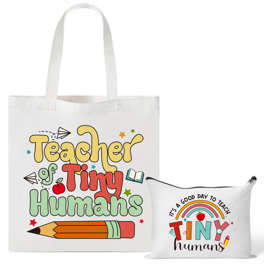 Y1tvei Teacher Appreciation Gift Bag - 2Pcs Funny Teacher Canvas Makeup Bag Set, Rainbow Teacher of Tiny Humans Tote Bag, Foldable Reusable Grocery Folding Shopping Bag, Teachers Day Gifts for Women
