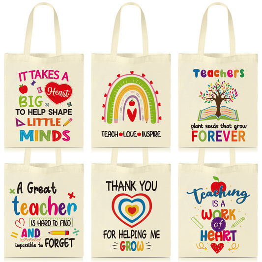 Y1tvei Teacher Canvas Tote Bags - 6Pcs Colorful Rainbow Apple Teacher Large Canvas Tote Bags Bulk Funny Teacher Love Inspire Grocery Bag Thank You Teacher Appreciation Week Gifts for Women Retirement