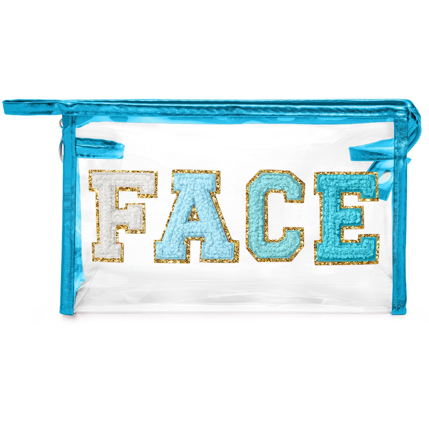 Y1tvei Clear FACE Makeup Bag - Preppy Blue FACE Chenille Varsity Letter Cosmetic Bag PVC Transparent Zipper Waterproof Beach Swim Makeup Carry Pouch Portable Travel Toiletry Organizer for Women(Blue)