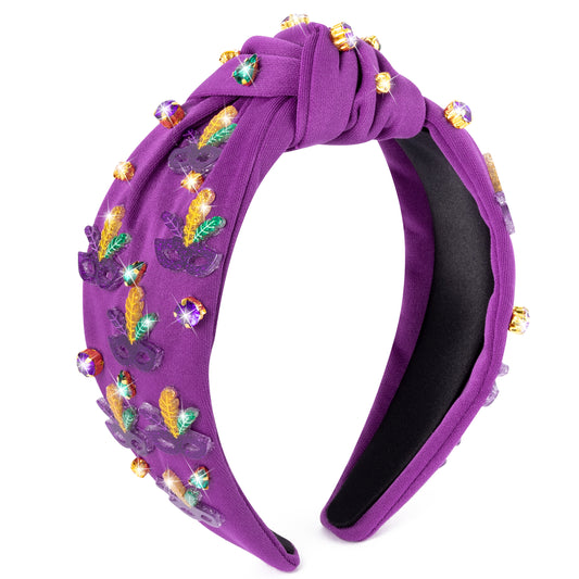Y1tvei Mardi Gras Headband for Women - Purple Feather Mask Glitter Crystal Rhinestone Jeweled Knotted Hair Accessories Wide Top Carnival Fat Tuesday Headwear Mardi Gras Headpiece Outfit Costume Gifts