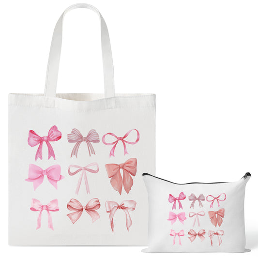 Y1tvei Pink Bows Canvas Bag - 2Pcs Coquette Pink Bow Preppy Makeup Bag Set, Cute Aesthetic Pink Bow Canvas Tote Bag, Reusable Grocery Folding Shopping Bag, Coquette Stuff Zipper Pouch Gifts for Women