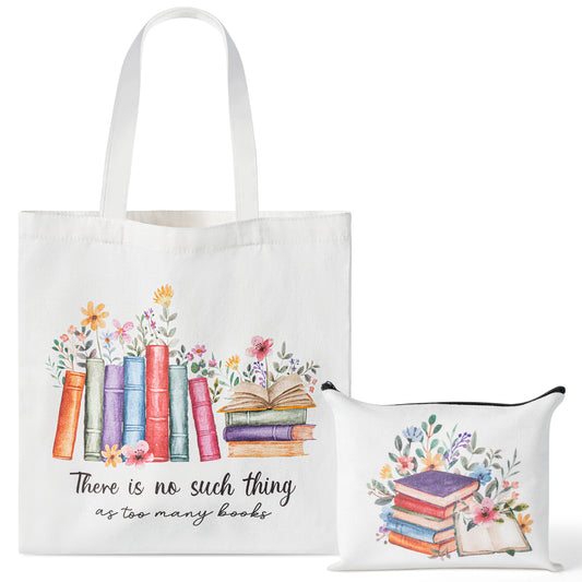 Y1tvei Teacher Book Tote Bag - 2Pcs Book Reading Themed Canvas Cosmetic Bag Set There Is No Such Thing As Too Many Books Tote Bag Makeup Hand Bag Teacher Appreciation Gift for Readers Book Lover Women