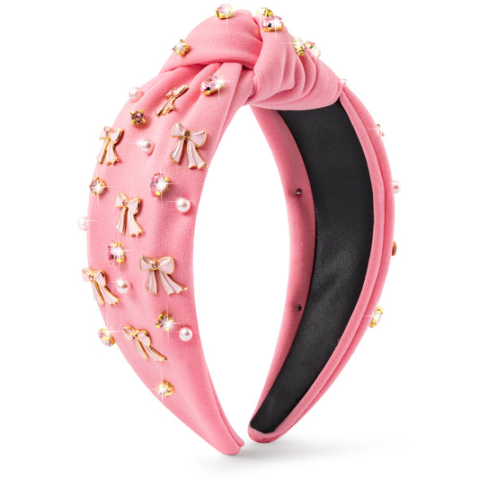 Y1tvei Pink Bow Knotted Headband - Coquette Pink Bow Crystal Rhinestone Pearl Embellished Headband Wide Top Knot Fashion Non Slip Trendy Headband Valentine's Day Hair Accessories Gift for Women Girls
