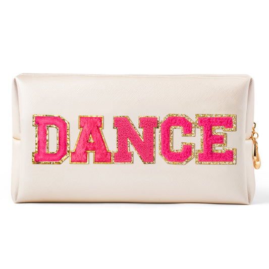 Y1tvei DANCE Large Cosmetic Bag - Preppy Patch DANCE Hot Pink Chenille Letter Makeup Bag PU Leather Waterproof Portable Dance Toiletry Pouch Travel Organizer Dancer Gift for Women Girl (Shell Gold)