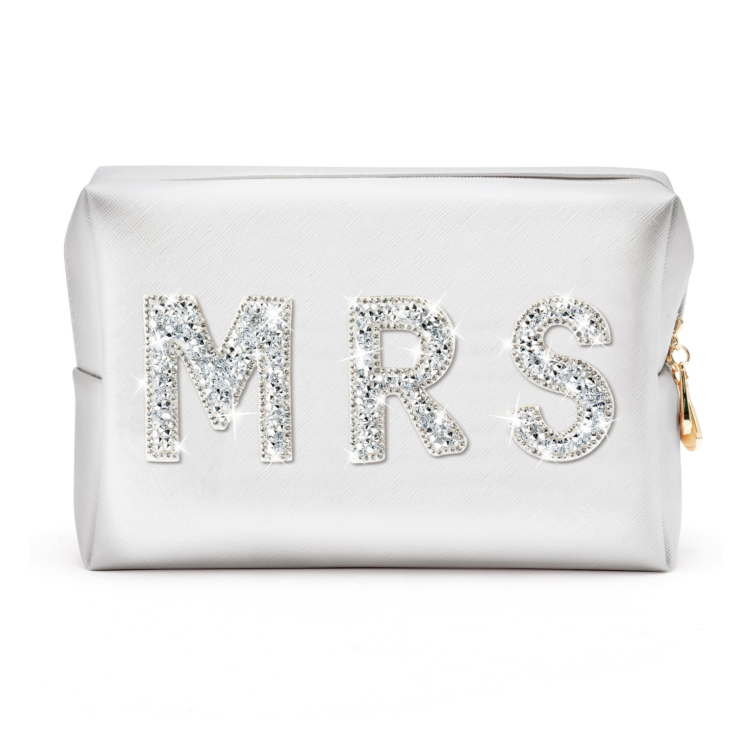 Y1tvei MRS Diamond Rhinestone Patch Letter Cosmetic Bag Sparkle Bride Toiletry Bag White Waterproof PU Makeup Bag Personalized Gift for Bridal Shower Wedding Bridesmaid Birthday Bachelor Party(Large)