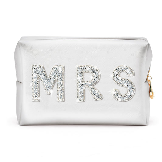 Y1tvei MRS Diamond Rhinestone Patch Letter Cosmetic Bag Sparkle Bride Toiletry Bag White Waterproof PU Makeup Bag Personalized Gift for Bridal Shower Wedding Bridesmaid Birthday Bachelor Party(Large)