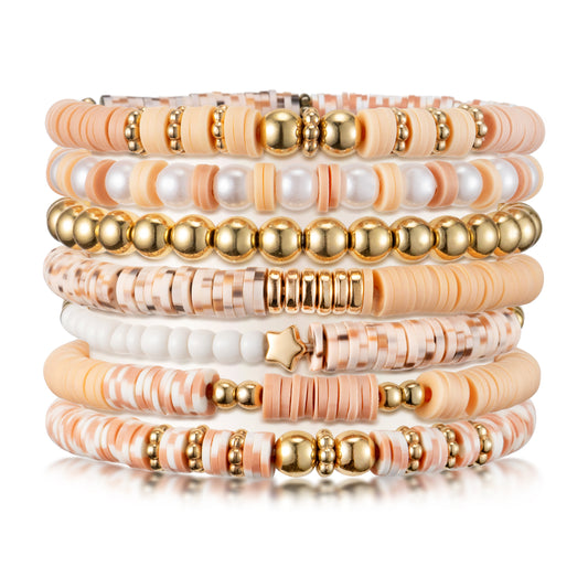 Y1tvei Boho Bracelets for Women - 7Pcs Boho Brown Spot Clay Bead Surfer Bracelet Set Gold Plated Bead Stackable Stretch Bracelet Layering Summer Beach Jewelry Friendship Bracelet Gift for Teen Girls