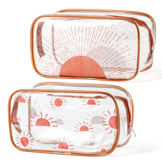 Y1tvei Boho Sun Makeup Bag - 2Pcs Brown Boho Sunshine Ray Transparent Print Clear Cosmetic Toiletry Bag Small Plastic Waterproof Portable Carry Pouch Summer Beach Travel Organizer for Women Girls