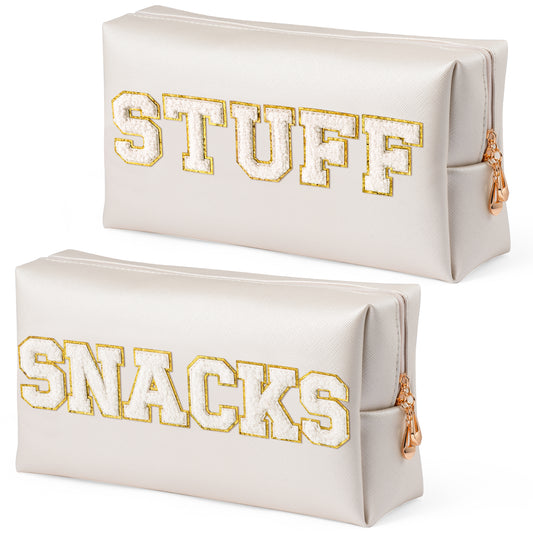 Y1tvei SNACKS STUFF Bag Pouch - Preppy White Snacks Stuff Chenille Varsity Letter Makeup Bag  Leather Waterproof Toiletry Cosmetic Zipper Pouch for Purse Travel Organizer Gift for Women(Shell Gold)