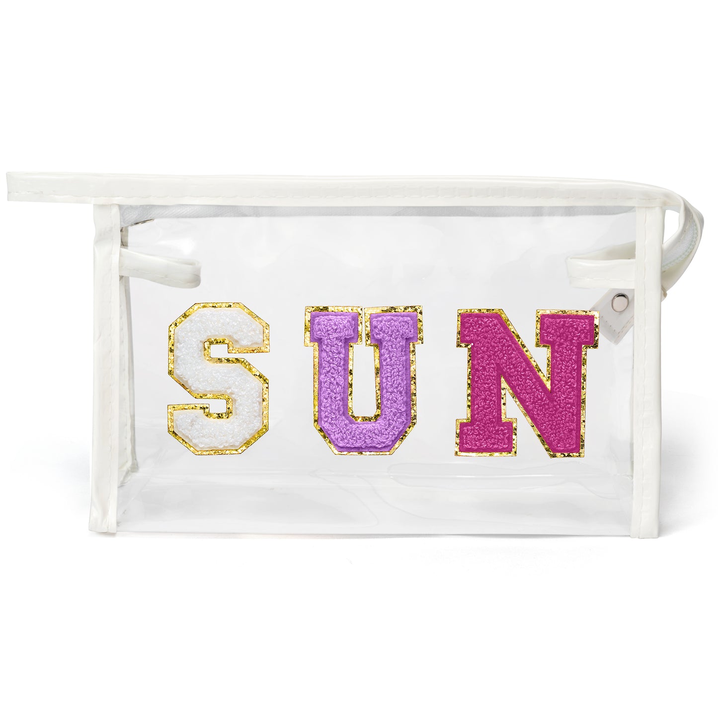 Y1tvei Clear SUN Makeup Bag - Preppy Purple SUN Chenille Varsity Letter Cosmetic Bag PVC Transparent Zipper Waterproof Beach Makeup Carry On Pouch Portable Travel Toiletry Organizer for Women(White)