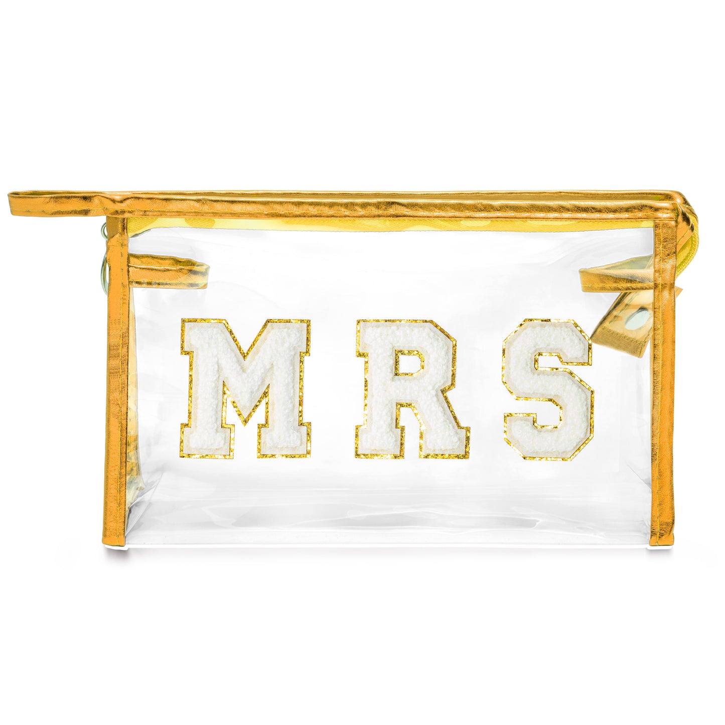 Y1tvei Mrs Clear Makeup Bag - Preppy White Mrs Chenille Letter Cosmetic Bag PVC Plastic Zipper Waterproof Beach Travel Toiletry Wifey Makeup Pouch Proposal Gift for Bride Bridesmaid Wedding Day(Gold)