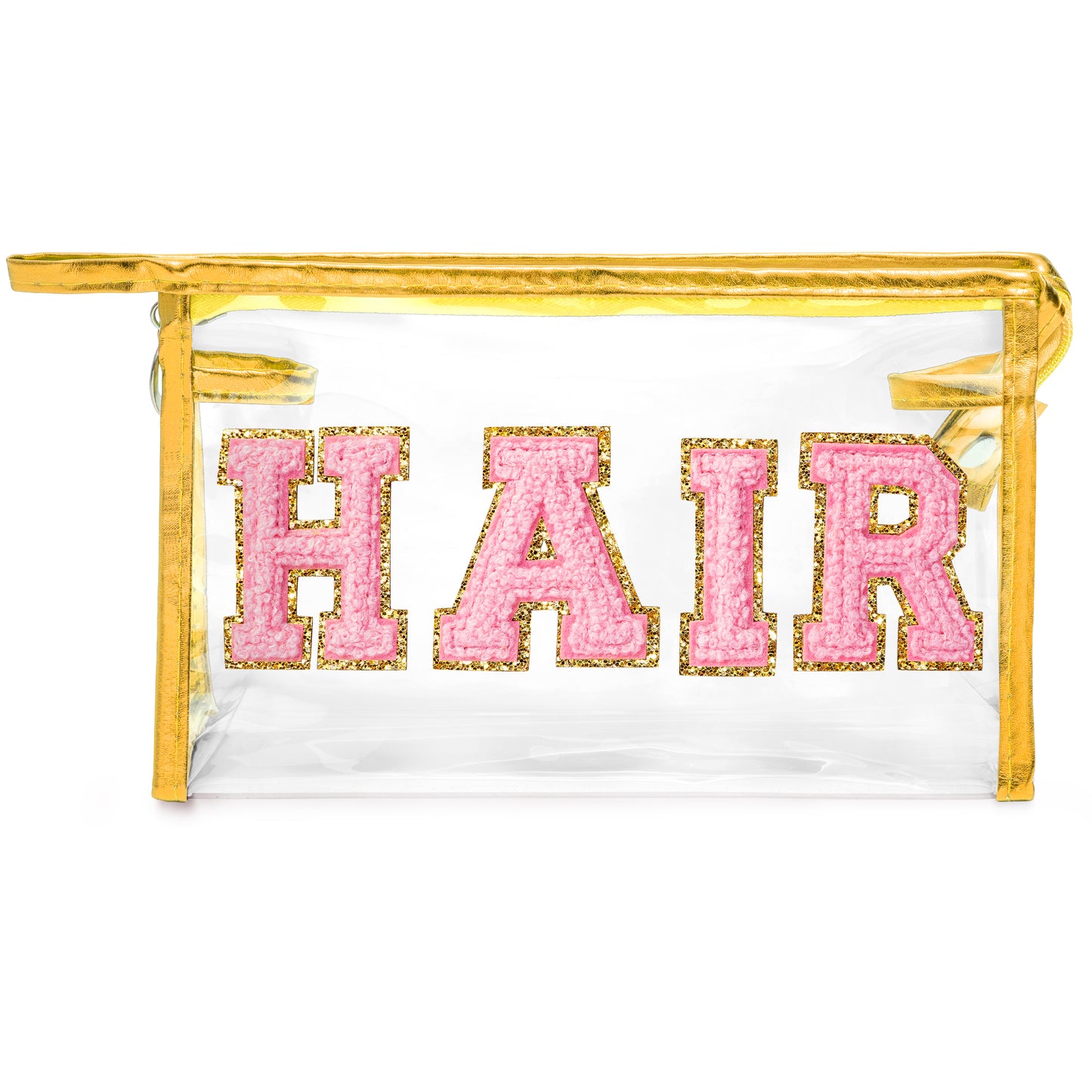 Y1tvei Clear HAIR Makeup Bag - Preppy Patch Pink Chenille Varsity Letter Cosmetic Bag Transparent PVC Zipper Waterproof Portable Beach Travel Storage Pouch Toiletry Organizer for Women(Gold)