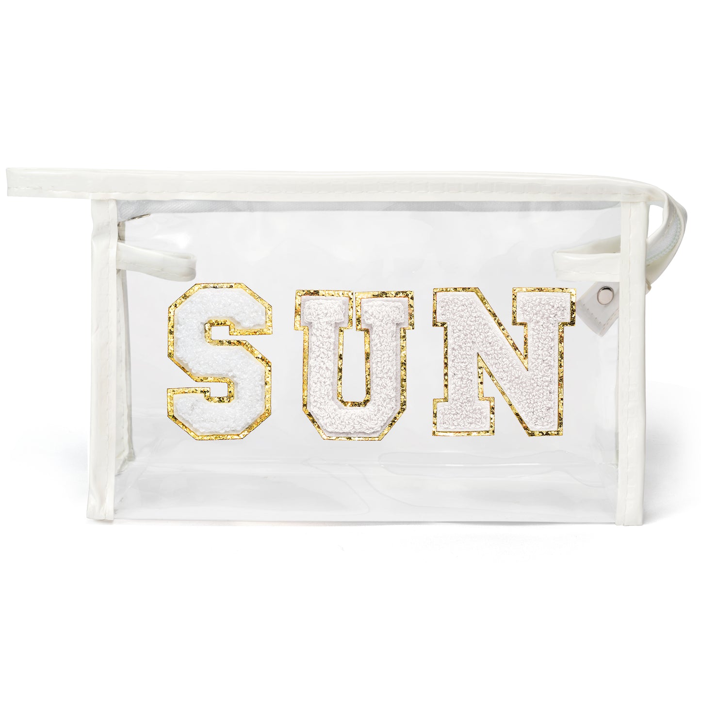 Y1tvei SUN Clear Cosmetic Bag - Preppy Patch White Chenille Varsity Letter Transparent PVC Makeup Pouch Portable Waterproof Travel Organizer Toiletry Compliant Carry On Beach Bag for Women(White)