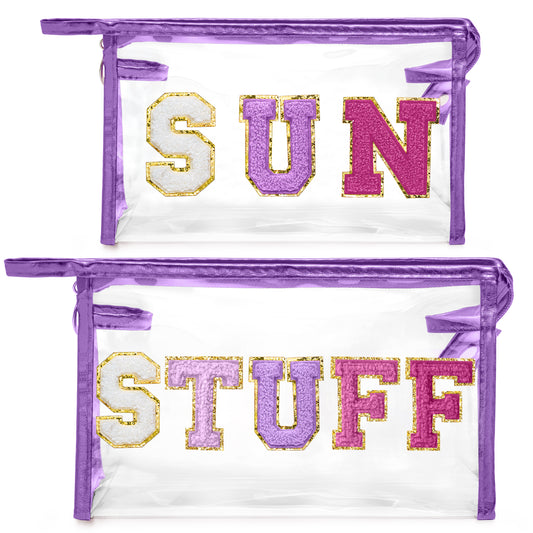 Y1tvei SUN STUFF Makeup Bag - 2Pcs Preppy Patch Chenille Varsity Letter Transparent PVC Extra Large Clear Cosmetic Pouch Portable Waterproof Travel Organizer Toiletry Compliant Bag for Women(Purple)