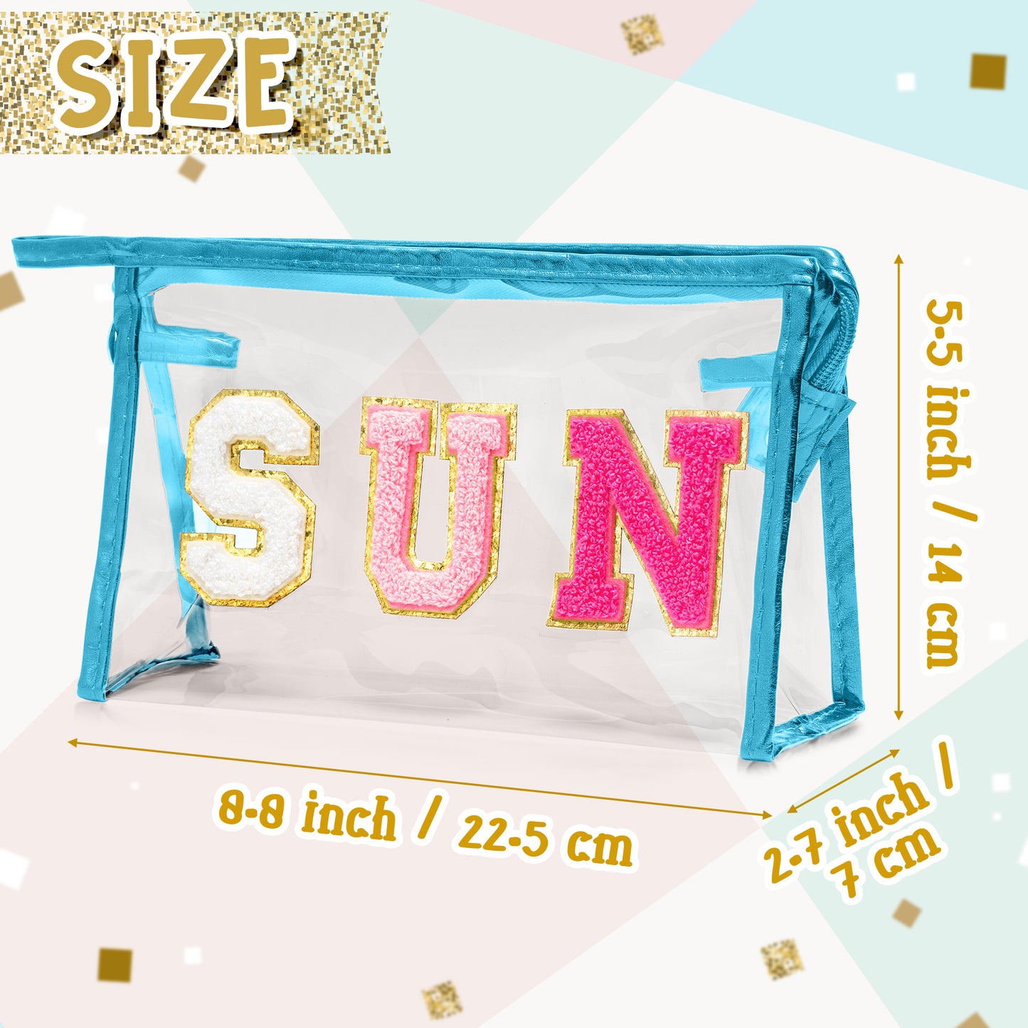 Y1tvei Clear SUN Makeup Bag - Preppy Rose Red SUN Chenille Varsity Letter Cosmetic Bag PVC Transparent Zipper Waterproof Beach Makeup Carry Pouch Portable Travel Toiletry Organizer for Women(Blue)