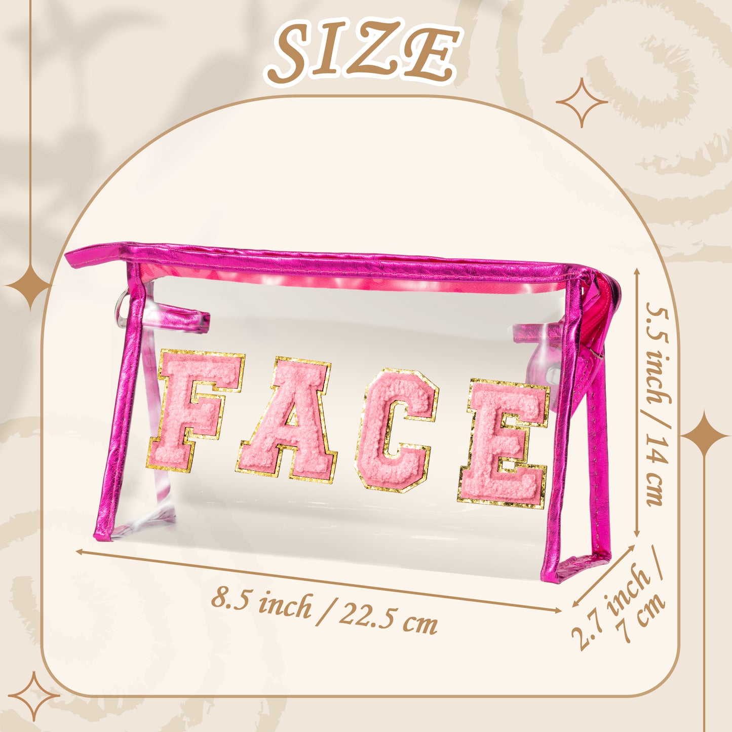 Y1tvei Clear FACE Makeup Bag - Preppy Pink FACE Chenille Varsity Letter Cosmetic Bag PVC Transparent Zipper Waterproof Beach Swim Makeup Pouch Portable Travel Toiletry Organizer for Women(Rose Red)