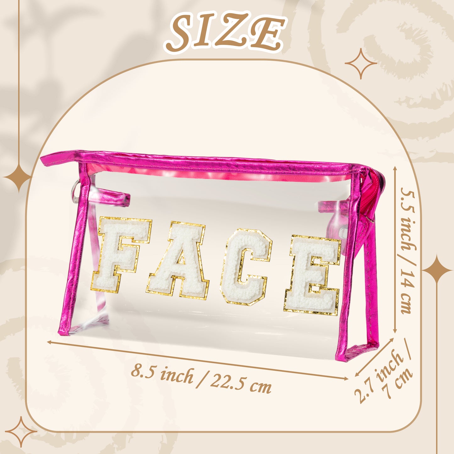 Y1tvei Clear FACE Makeup Bag - Preppy White FACE Chenille Varsity Letter Cosmetic Bag PVC Transparent Zipper Waterproof Beach Swim Makeup Pouch Portable Travel Toiletry Organizer for Women(Rose Red)