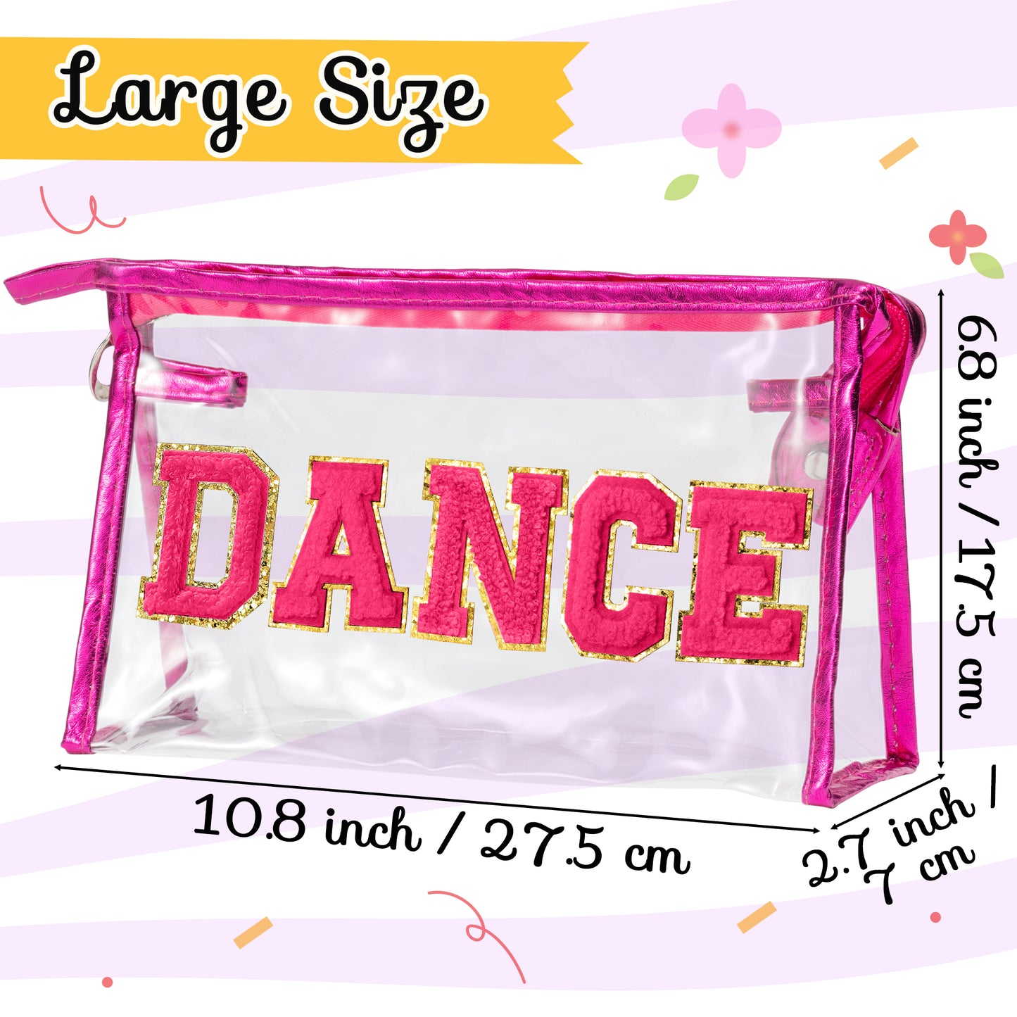 Y1tvei DANCE Clear Makeup Bag - Preppy Hot Pink Dance Chenille Patch Cosmetic Pouch Dancer Recital Survival Kit Extra Large PVC Transparent Toiletry Bag Waterproof Travel Organizer for Women(Rose Red)