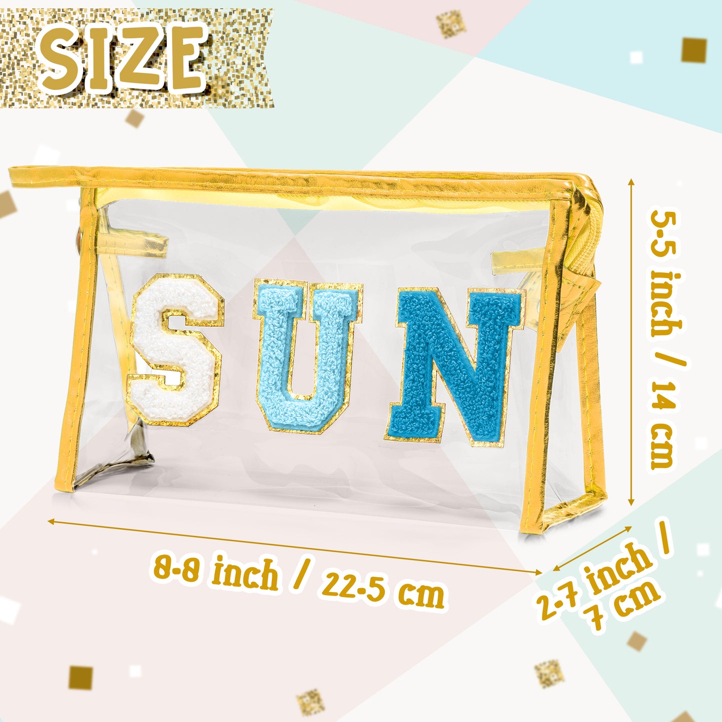 Y1tvei Clear SUN Makeup Bag - Preppy Blue SUN Chenille Varsity Letter Cosmetic Bag PVC Transparent Zipper Waterproof Beach Makeup Carry Pouch Portable Travel Toiletry Organizer for Women(Gold)