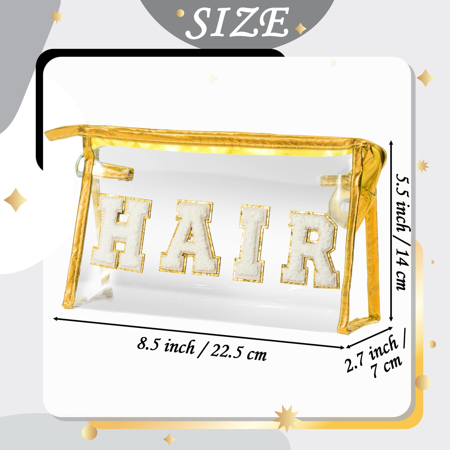 Y1tvei Clear HAIR Makeup Bag - Preppy Patch White Chenille Varsity Letter Cosmetic Bag Transparent PVC Zipper Waterproof Portable Beach Travel Storage Pouch Toiletry Organizer for Women(Gold)