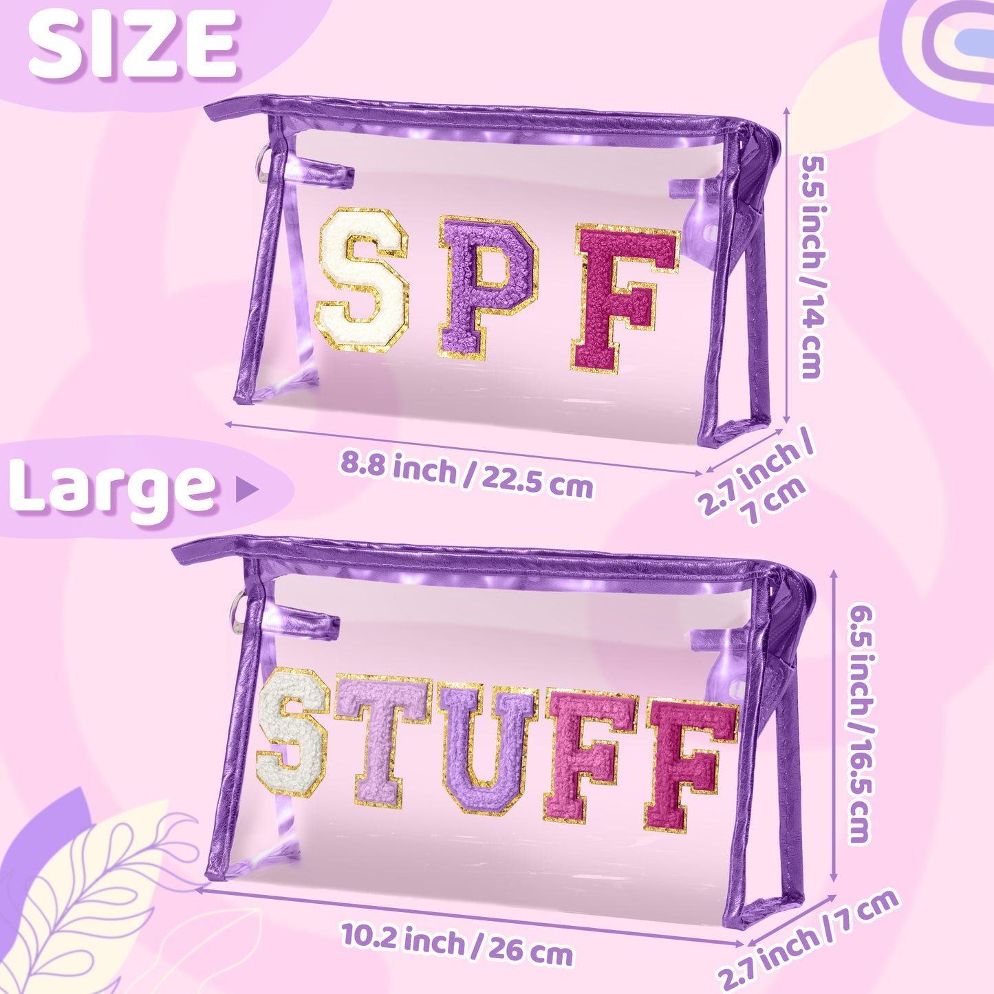 Y1tvei SPF STUFF Makeup Bag - 2Pcs Preppy Patch Chenille Varsity Letter Transparent PVC Extra Large Clear Cosmetic Sunscreen Pouch Portable Waterproof Travel Organizer Toiletry Bag for Women(Purple)