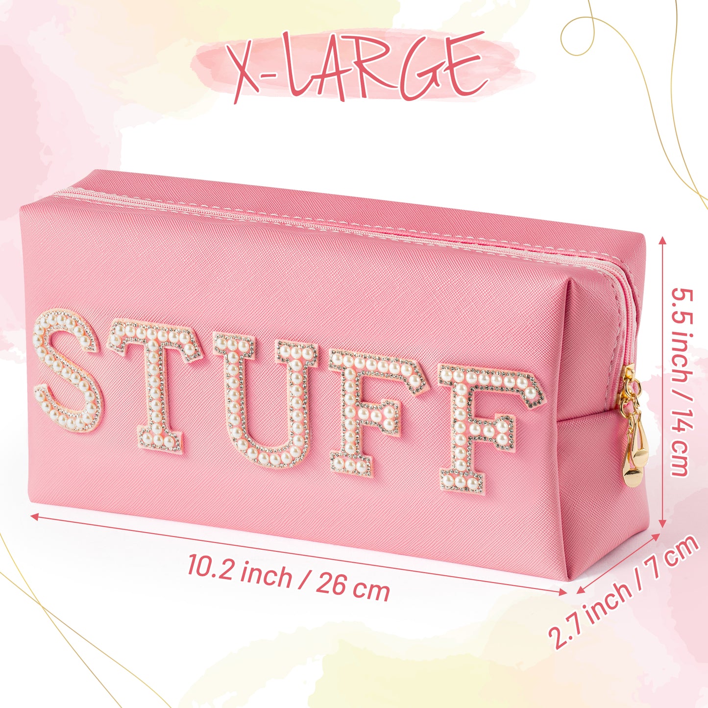 Y1tvei Pearl Rhinestone Stuff Letter Pink Patch Makeup Bag Extra Large Pu Leather Cosmetic Pouch Varsity Pearl Letter Toiletry Bag Waterproof Portable Zipper Travel Organizer for Women Girls (Pink)