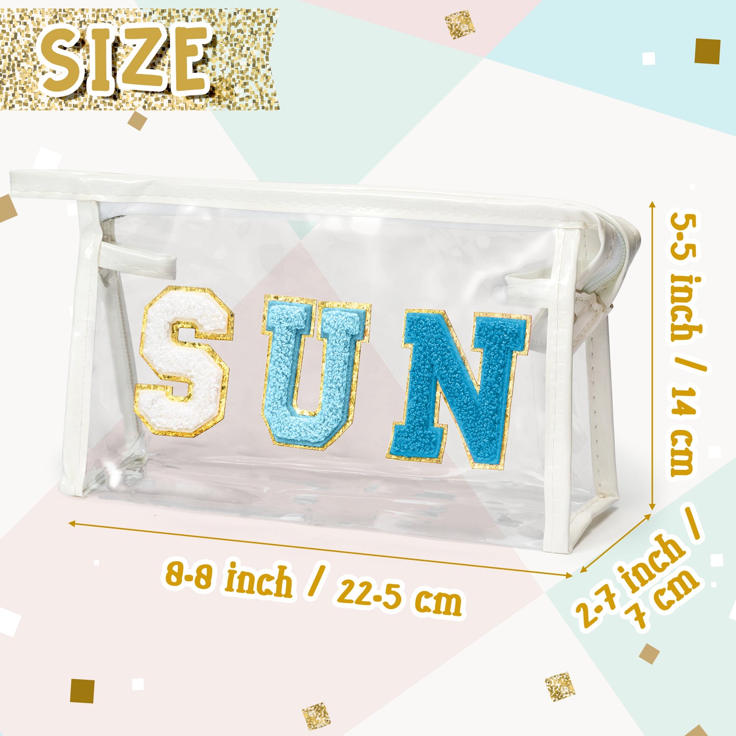 Y1tvei Clear SUN Makeup Bag - Preppy Blue SUN Chenille Varsity Letter Cosmetic Bag PVC Transparent Zipper Waterproof Beach Makeup Pouch Carry On Portable Travel Toiletry Organizer for Women(White)