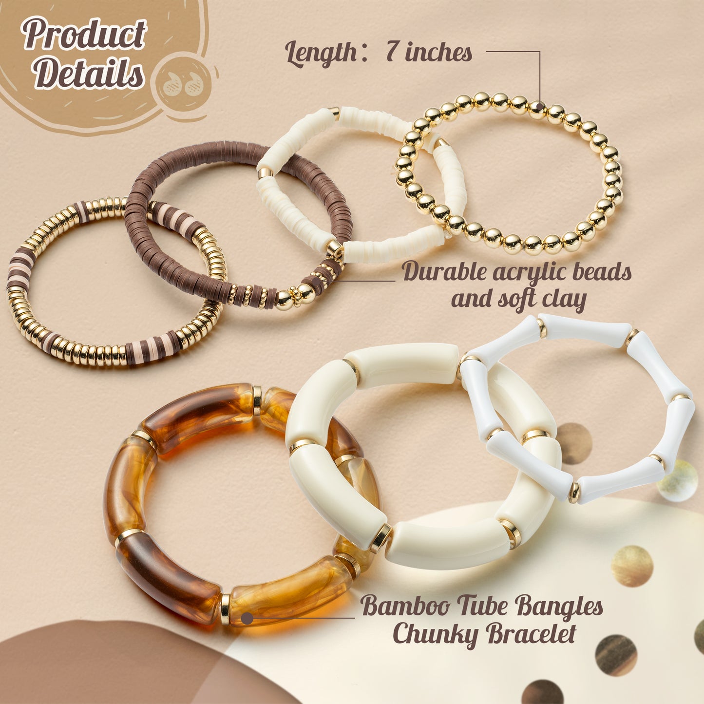 Y1tvei 7Pcs White Bamboo Tube Bangles Bracelet Set Acrylic Chunky Curved Stacking Bamboo Tube Bangle Polymer Clay Pearl Gold Bead Stretch Bracelets Boho Summer Jewelry Gifts for Friends Women Girls