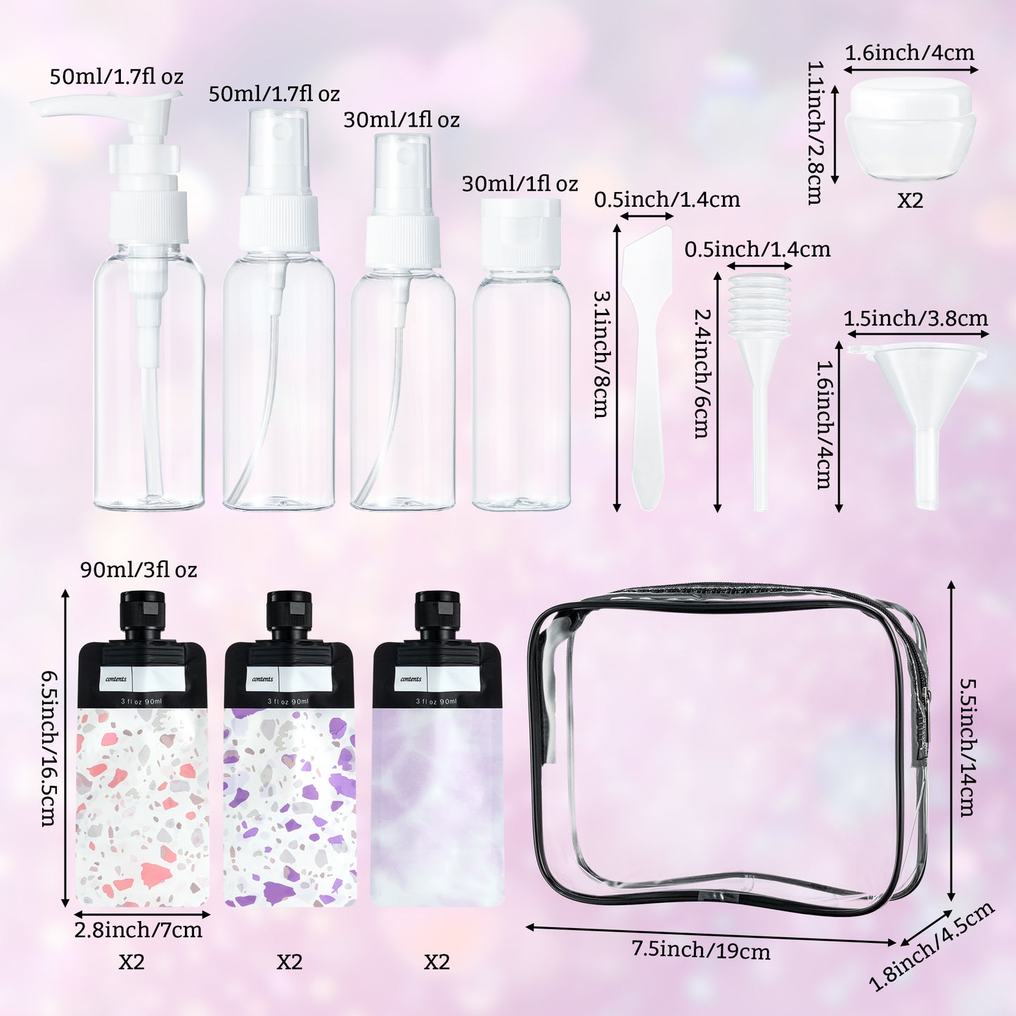 Y1tvei Travel Bottles for Toiletries - 16Pcs Pink Travel Bottles Kit Leakproof Refillable Squeeze Pouches TSA Approved Cosmetic Bag Reusable Travel Size Toiletries Containers Spray Bottle for Shampoo