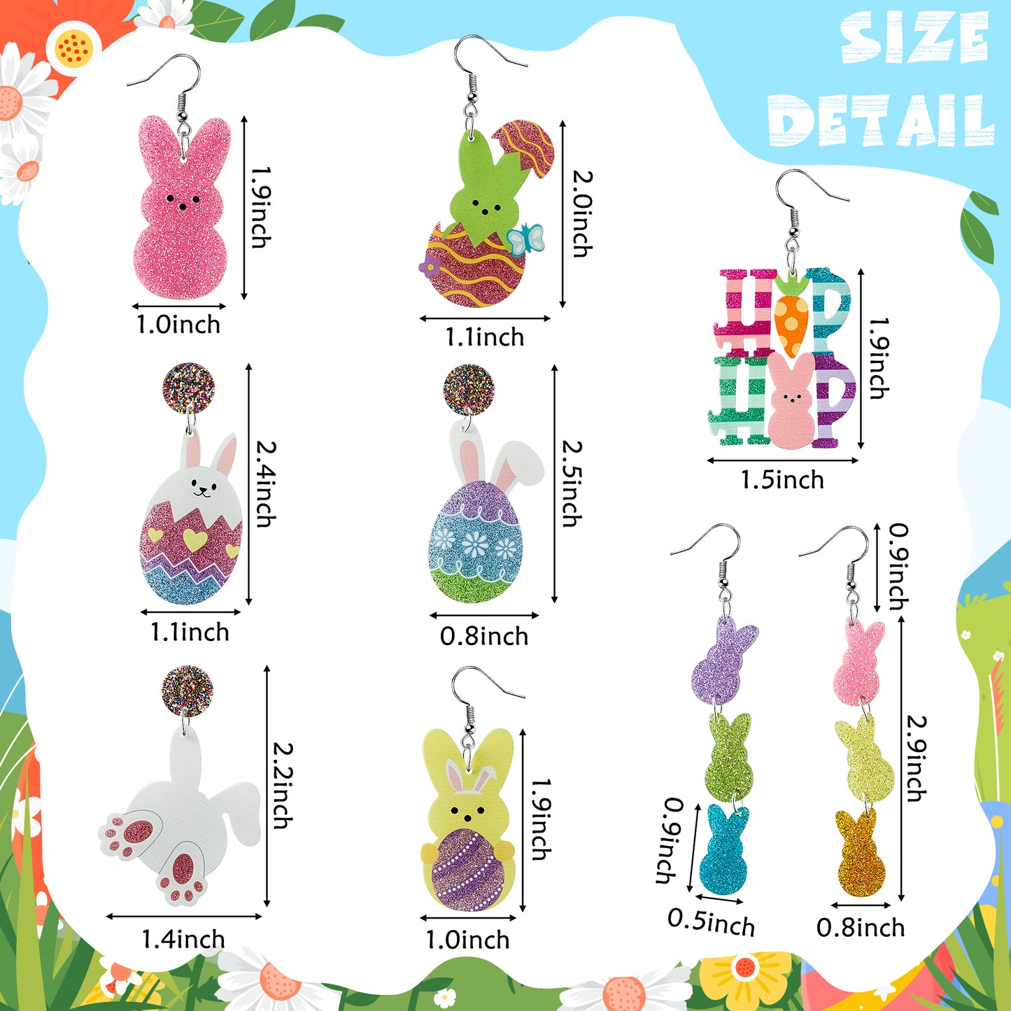 Y1tvei Easter Bunny Glitter Earrings - 9Pairs Pink Purple Peeps Rabbit Egg Shaped Sparkly Glitter Drop Dangle Earring Lightweight Cute Cartoon Ear Decoration Holiday Jewelry Gift for Girls Women