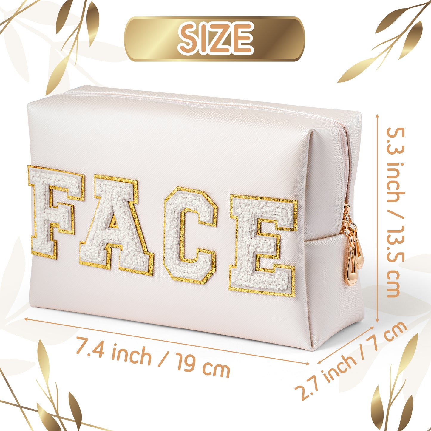 Y1tvei Preppy Patch FACE White Chenille Letter Cosmetic Bag PU Leather Portable Makeup Toiletry Bag Sewn with Varsity Letter Waterproof Zipper Pouch Travel Organizer for Women Girls Teen(Shell Gold)