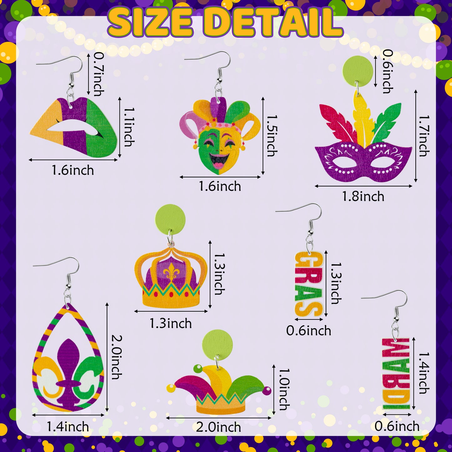 Y1tvei Mardi Gras Wooden Earrings - 9Pairs Purple Mask Crown Feather Shaped Dangle Earring Lightweight Cute Carnival Cutout Stud Teardrop Earring Fat Tuesday Festival Outfit for Women Girls