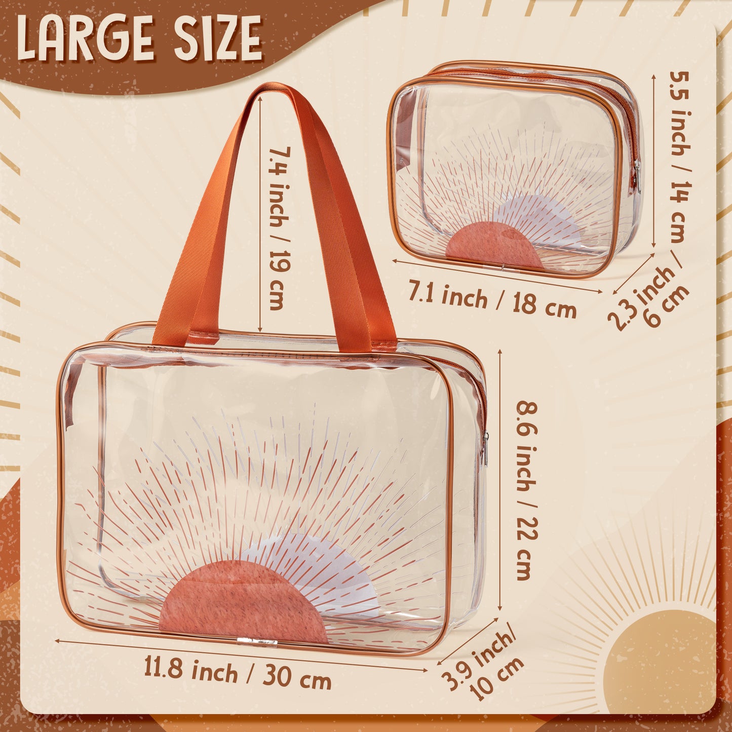 Y1tvei Boho Sun Cosmetic Bag - 2Pcs Large Boho Sunrise Sunshine Ray Makeup Bag With Handle PVC Transparent Waterproof Clear Swim Tote Bag Travel Organizer Handbag Compliant Toiletry Bag for Women