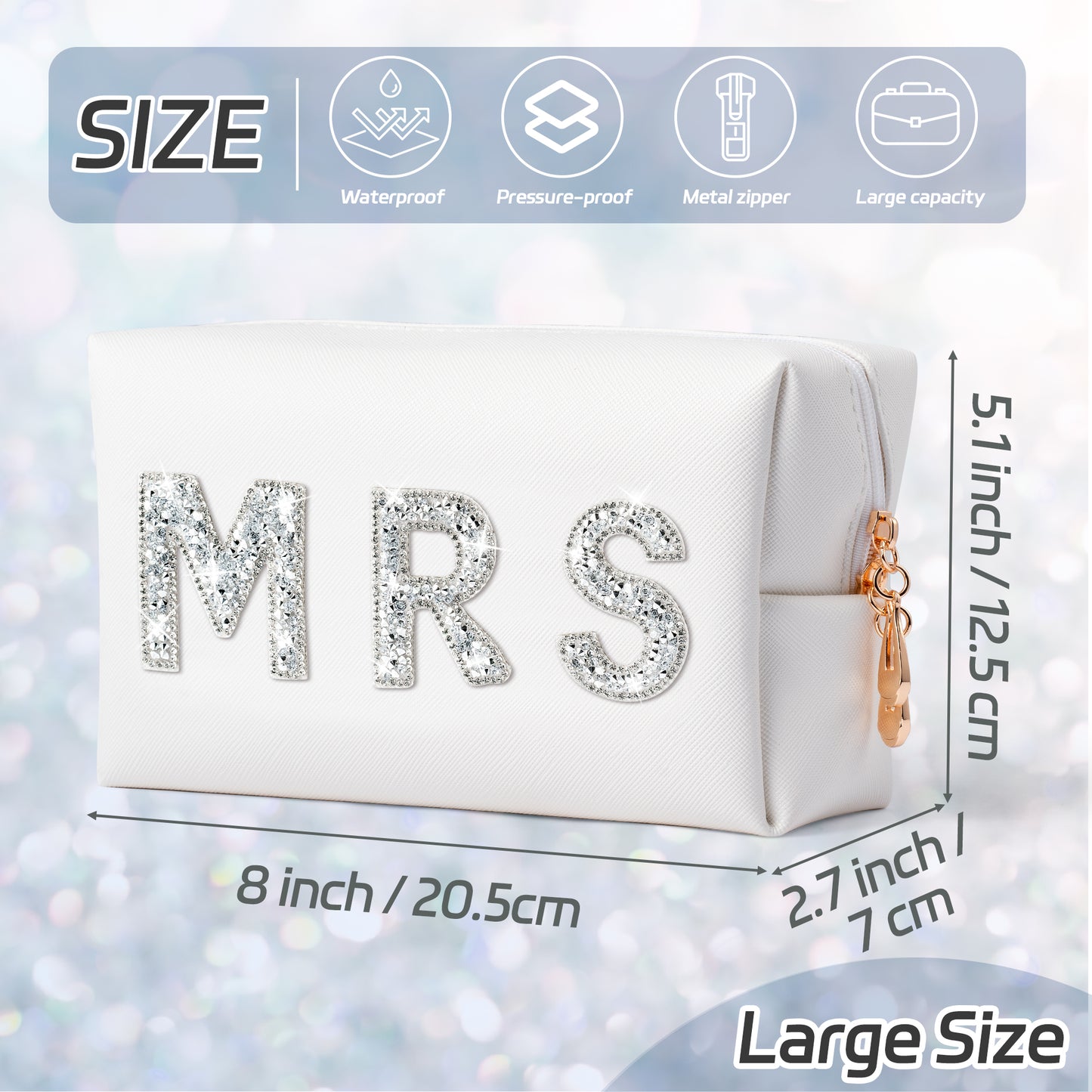 Y1tvei MRS Diamond Rhinestone Patch Letter Cosmetic Bag Sparkle Bride Toiletry Bag White Waterproof PU Makeup Bag Personalized Gift for Bridal Shower Wedding Bridesmaid Birthday Bachelor Party(Large)