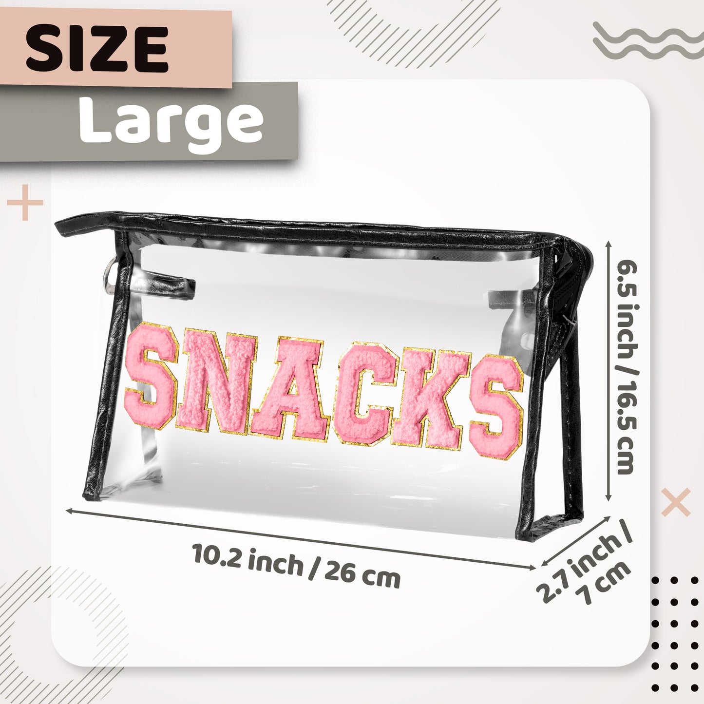 Y1tvei Large Clear SNACKS Pouch - Preppy Patch Pink Chenille Varsity Letter PVC Transparent Extra Large Cosmetic Makeup Bag Portable Waterproof Beach Travel Organizer Toiletry Bag for Women(Black)