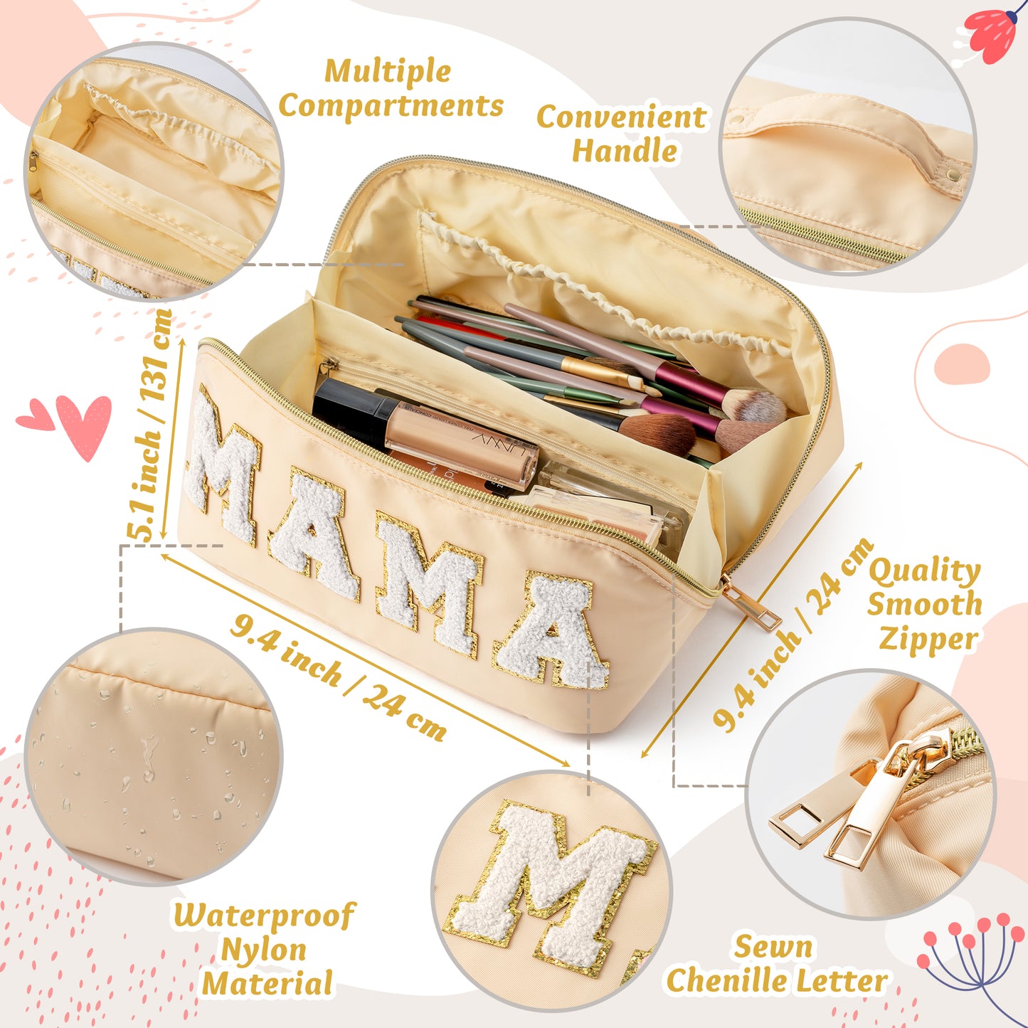 Y1tvei Large Capacity Chenille MAMA Makeup Bag Waterproof Nylon Portable Lay Flat Open Wide Cosmetic Toiletry with Handle Divider Travel Organizer Birthday Christmas Gift for Friend Women Mom, Beige