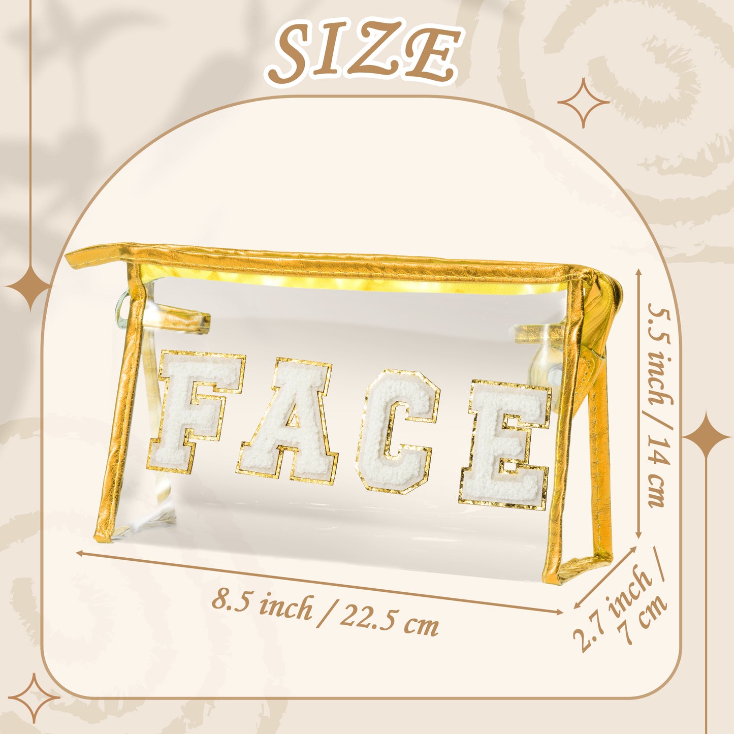 Y1tvei Clear FACE Makeup Bag - Preppy White FACE Chenille Varsity Letter Cosmetic Bag PVC Transparent Zipper Waterproof Beach Swim Makeup Pouch Portable Travel Toiletry Organizer for Women(Gold)