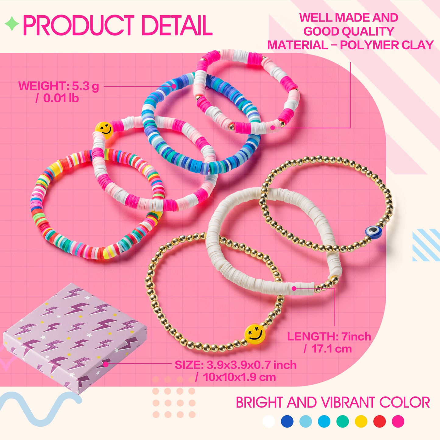 Y1tvei 7Pcs Heishi Surfer Bracelets Set Colorful Preppy Happy Smile Evil Eye Beaded Stretch Bracelets Clay Stackable Boho Disc Bracelets Y2K Kidcore Aesthetic Summer Beach Jewelry for Women Girls