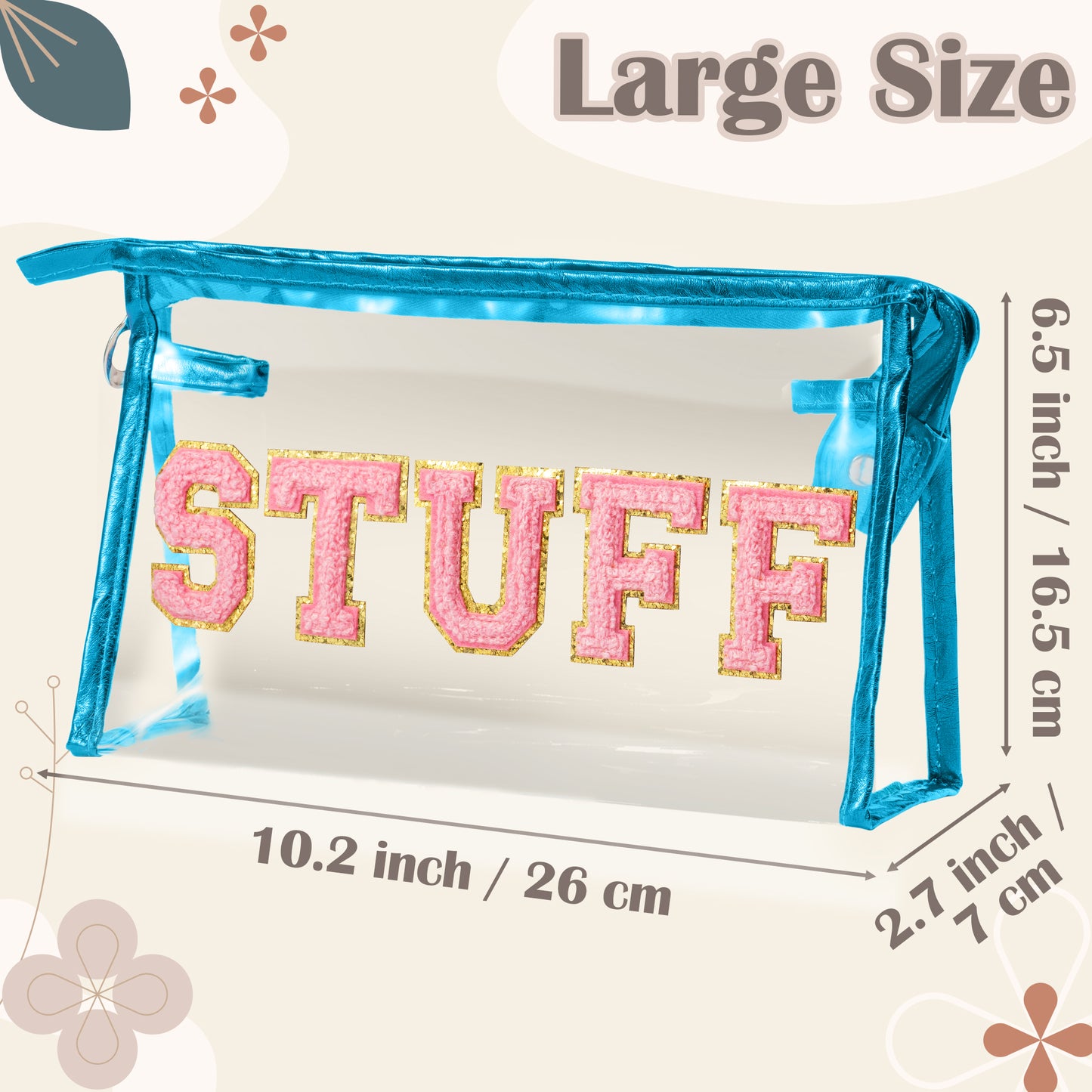 Y1tvei Clear STUFF Makeup Bag - Preppy Patch Pink Chenille Varsity Letter PVC Transparent Extra Large Cosmetic Pouch Portable Waterproof Travel Organizer Toiletry Compliant Bag for Women(Blue)