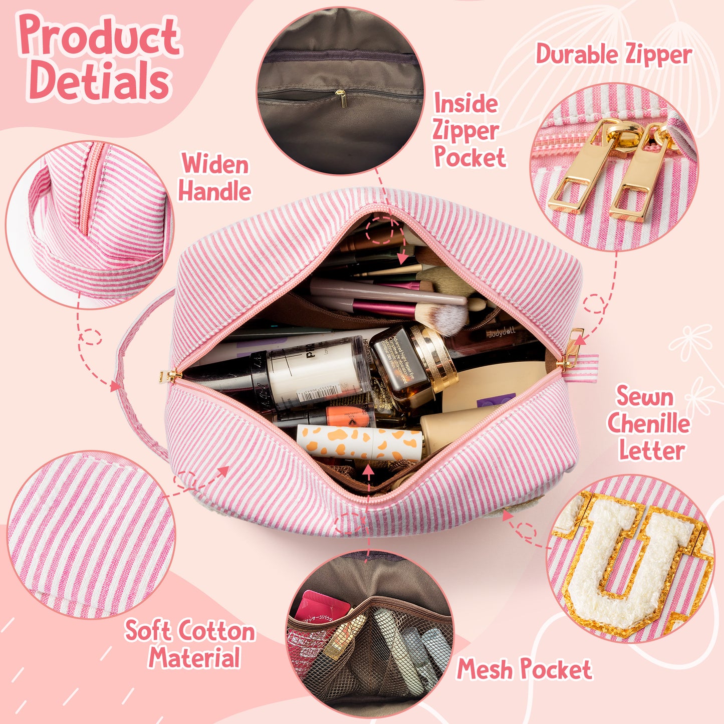 Y1tvei Pink White Striped STUFF Travel Makeup Bag with Side Handle Seersucker Chenille Letter Cosmetic Beauty Pouch Portable Zipper Toiletry Compliant Bag Large Capacity Travel Organizer for Women