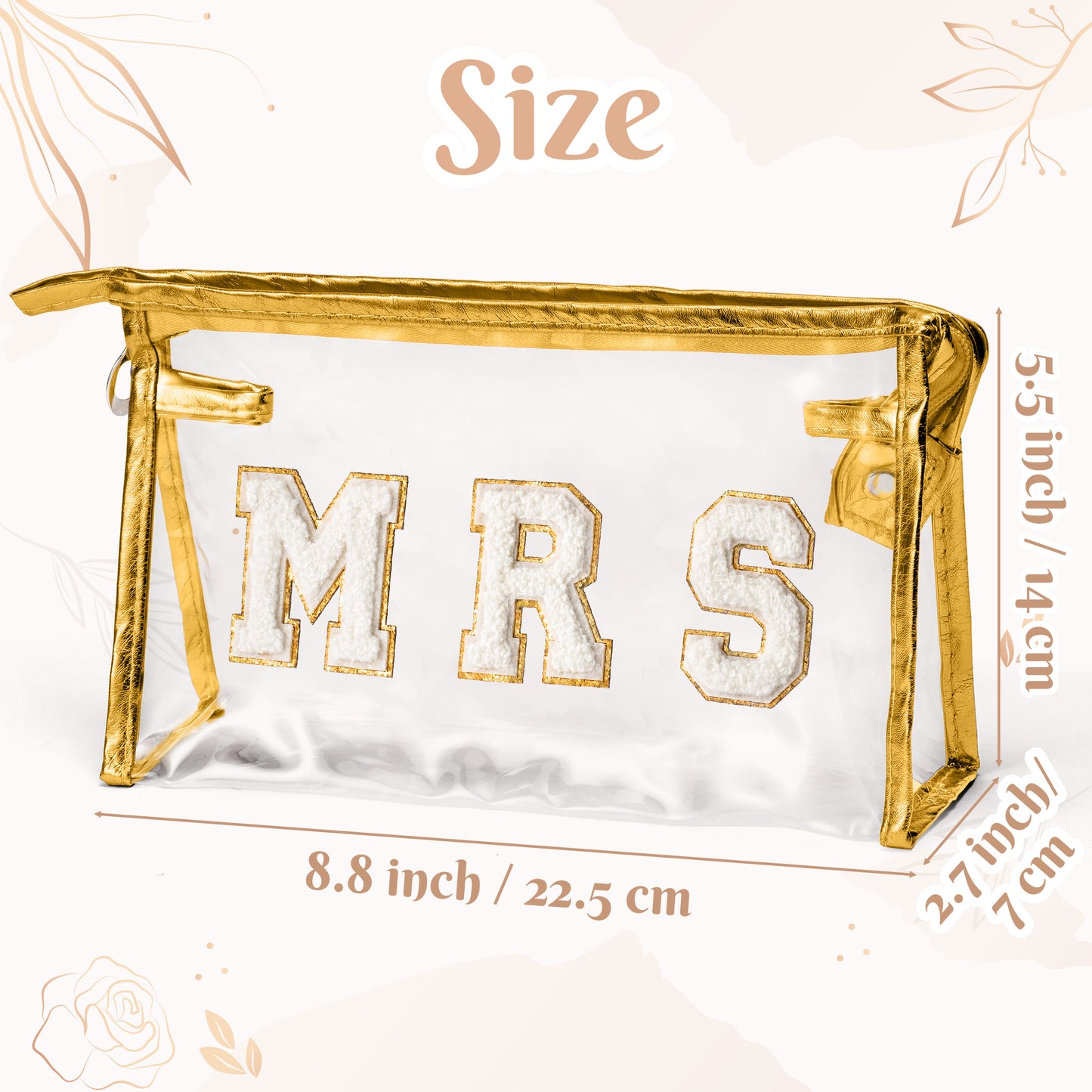 Y1tvei Mrs Clear Makeup Bag - Preppy White Mrs Chenille Letter Cosmetic Bag PVC Plastic Zipper Waterproof Beach Travel Toiletry Wifey Makeup Pouch Proposal Gift for Bride Bridesmaid Wedding Day(Gold)