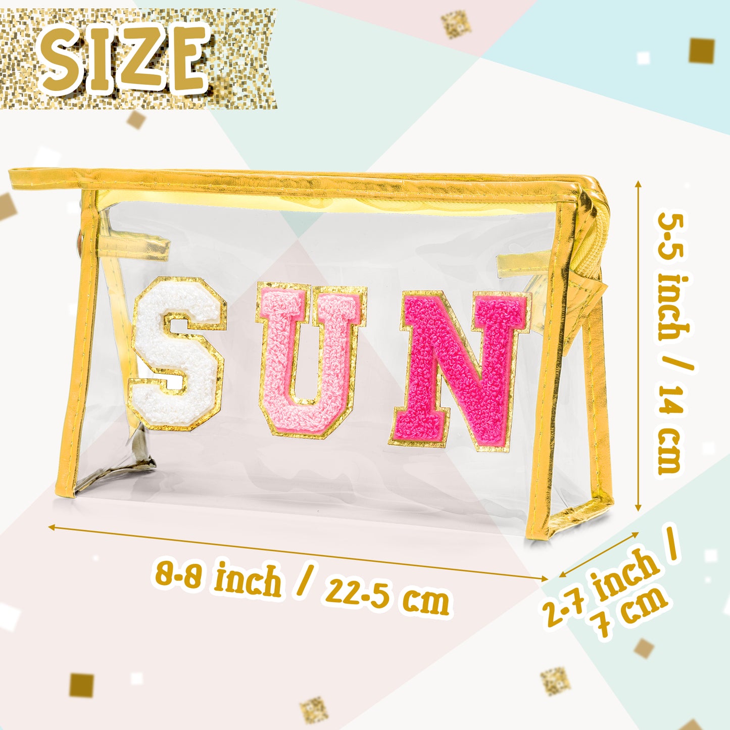 Y1tvei Clear SUN Makeup Bag - Preppy Rose Red SUN Chenille Varsity Letter Cosmetic Bag PVC Transparent Zipper Waterproof Beach Makeup Carry Pouch Portable Travel Toiletry Organizer for Women(Gold)