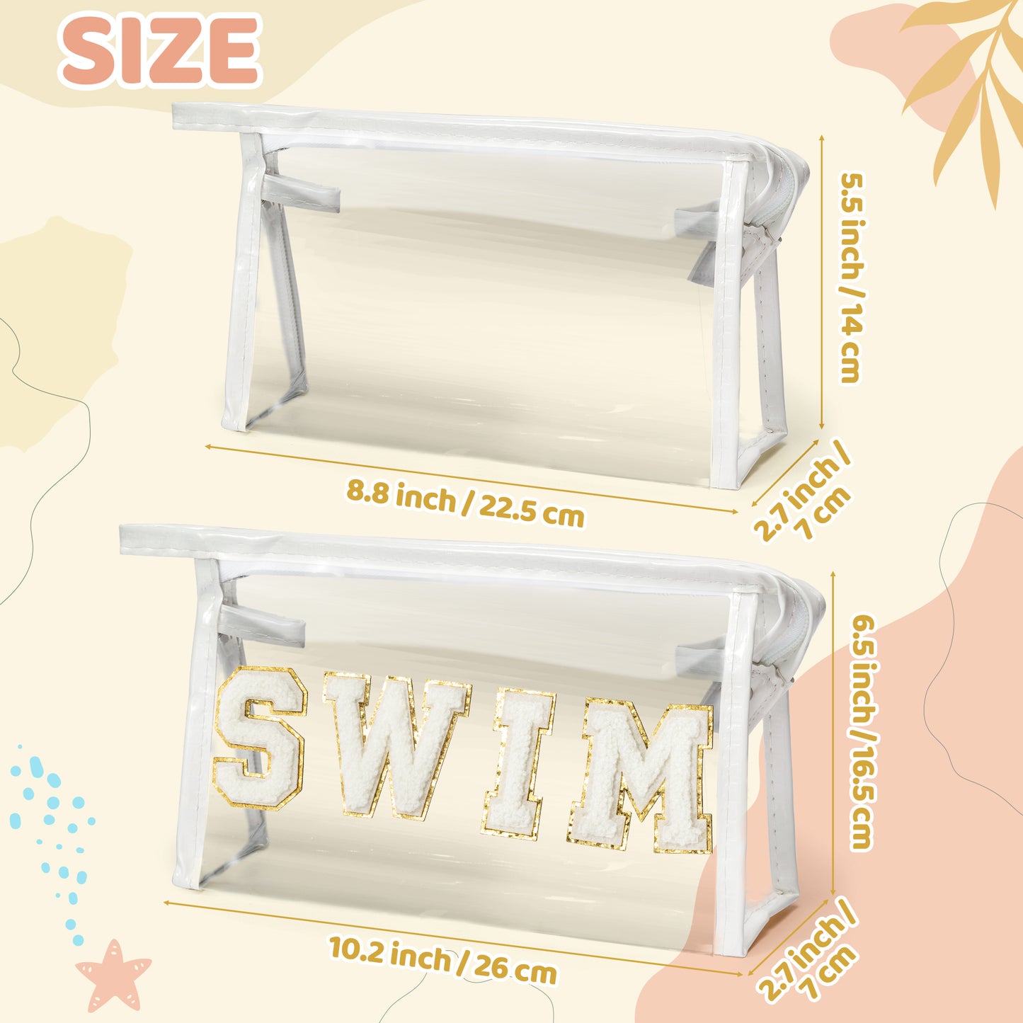 Y1tvei Clear SWIM Makeup Bag - 2Pcs Preppy White SWIM Chenille Varsity Letter Patch Cosmetic Bag White Small PVC Transparent Toiletry Organizer Zipper Waterproof Travel Makeup Pouch for Swimmer(White)