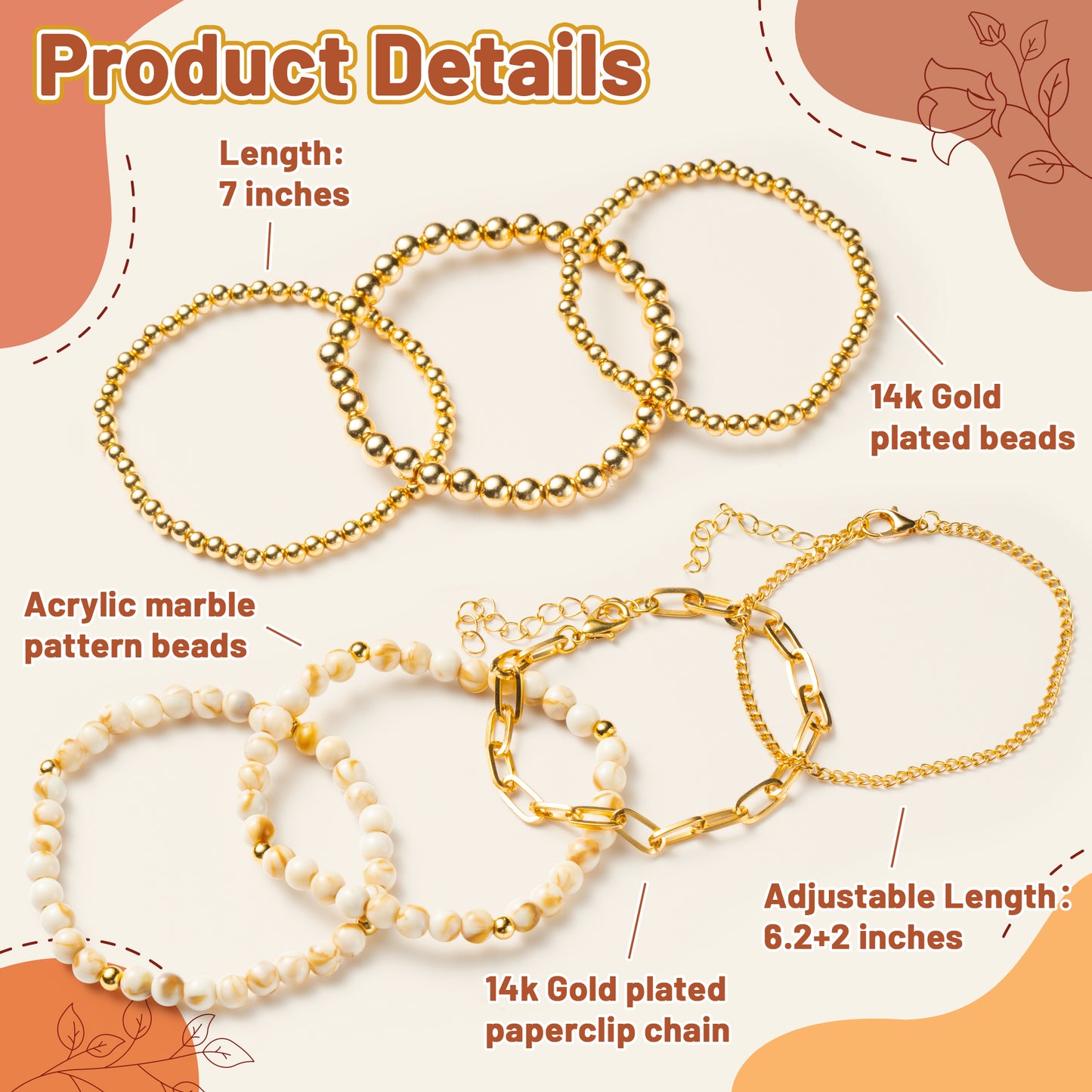 Y1tvei 7Pcs Brown Marble Pattern Bracelet Set Stackable Acrylic Gold Plated Beads Layering Stretch Bracelets Paperclip Chain Dainty Mix and Match Bracelet Charm Friendship Jewelry Gift for Women Girl