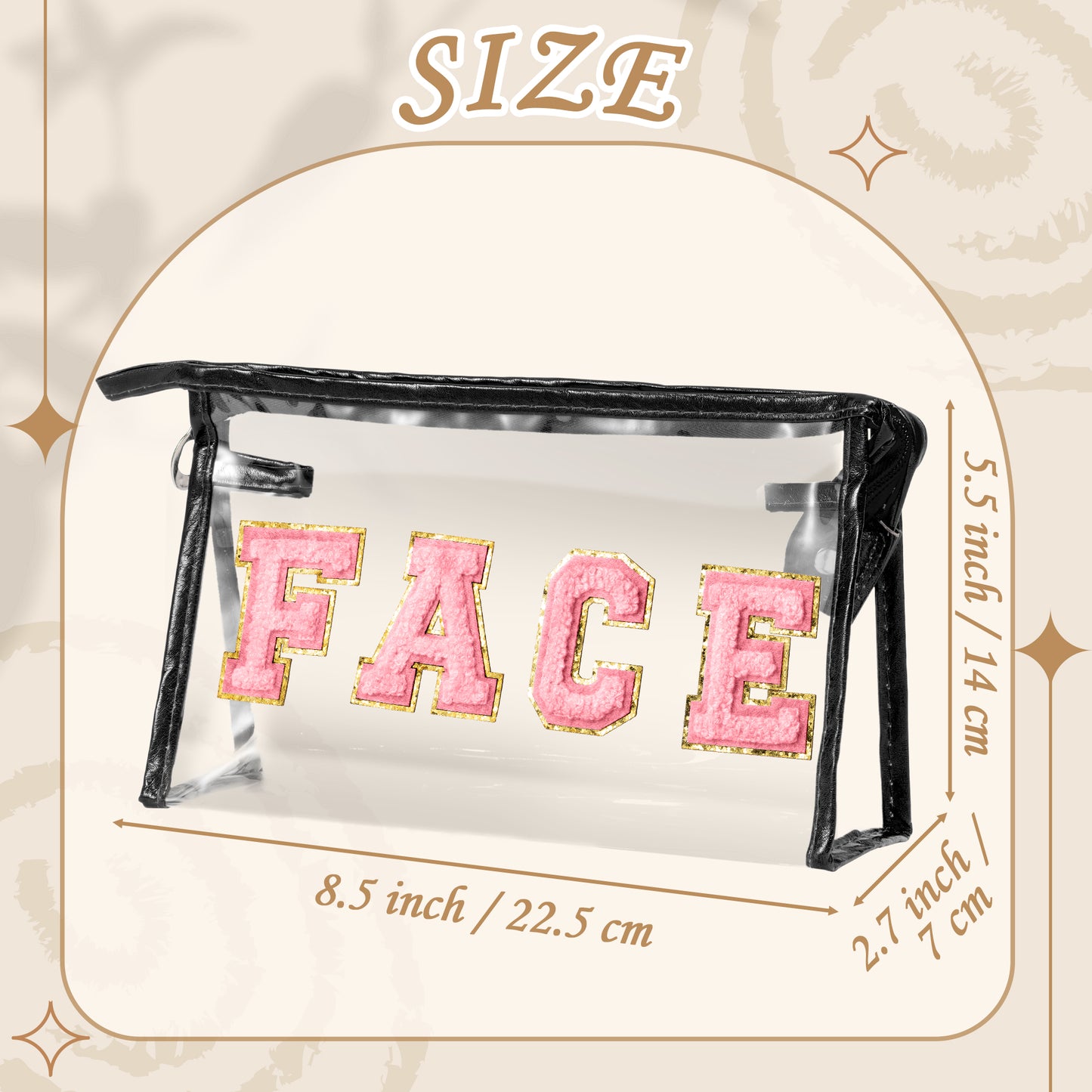 Y1tvei Clear FACE Makeup Bag - Preppy Pink FACE Chenille Varsity Letter Cosmetic Bag PVC Transparent Zipper Waterproof Beach Swim Makeup Pouch Portable Travel Toiletry Organizer for Women(Black)