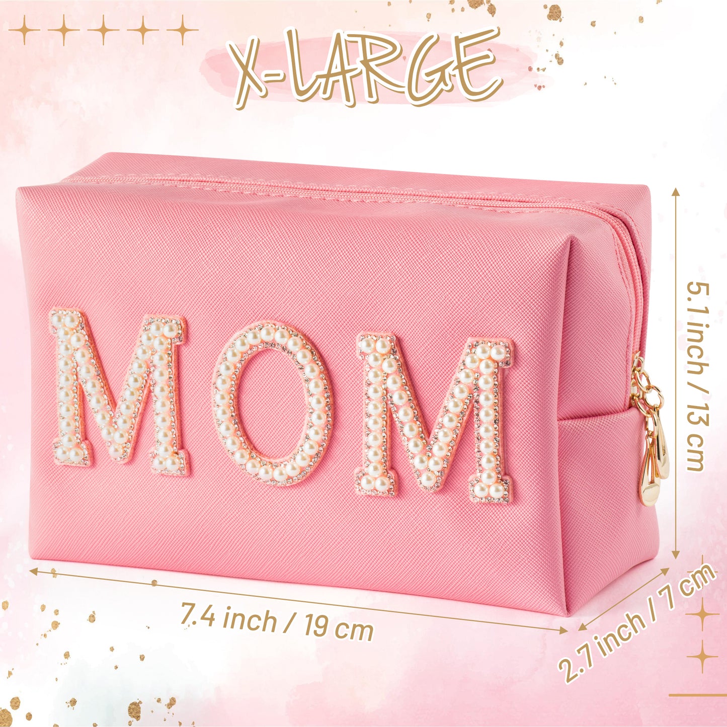 Y1tvei Pearl Rhinestone Mom Letter Pink Patch Makeup Bag Pu Leather Cosmetic Pouch with Varsity Pearl Letter Toiletry Bag Waterproof Portable Travel Organizer Mother Birthday Gift for Mom Women(Pink)