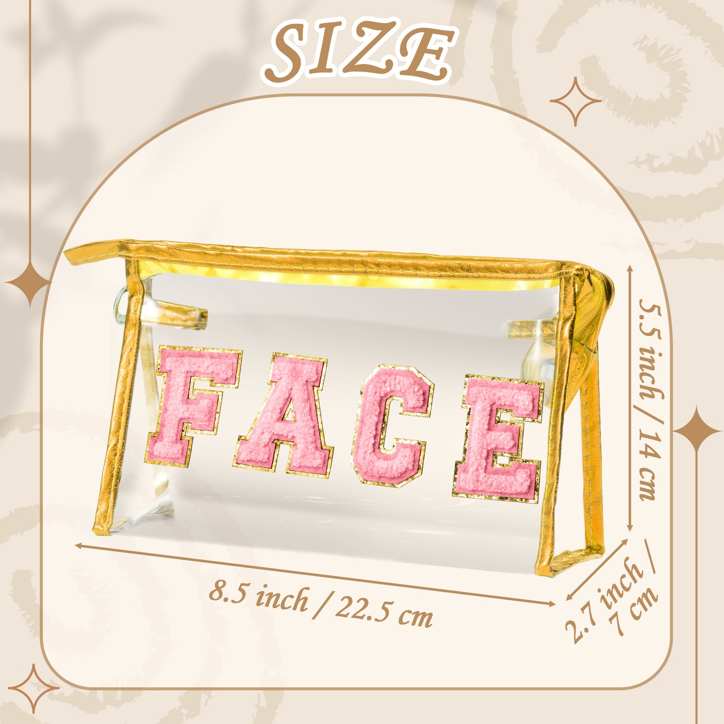 Y1tvei Clear FACE Makeup Bag - Preppy Pink FACE Chenille Varsity Letter Cosmetic Bag PVC Transparent Zipper Waterproof Beach Swim Makeup Pouch Portable Travel Toiletry Organizer for Women(Gold)