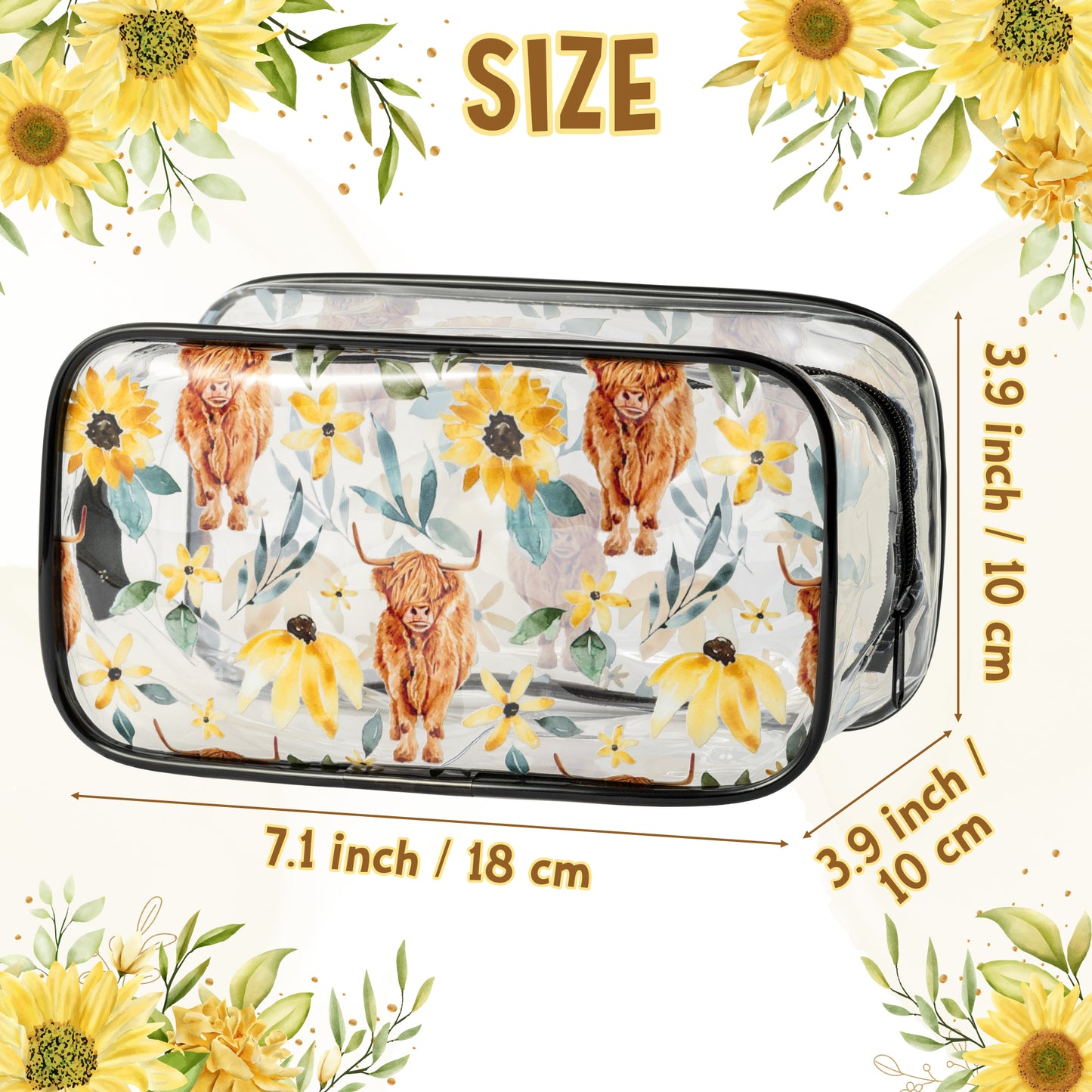 Y1tvei Highland Cow Cosmetic Bag - 2Pcs Highland Cattle Sunflower Print PVC Transparent Waterproof Toiletry Bag Portable Small Farmhouse Clear Makeup Pouch Beach Summer Gift for Cow Lover Women