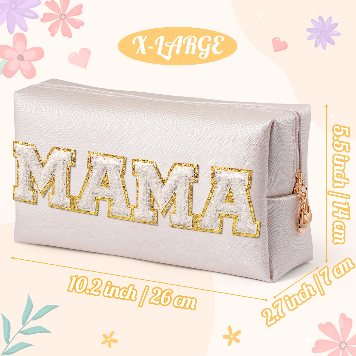 Y1tvei Preppy Patch MAMA White Chenille Letter Extra Large Cosmetic Bag PU Leather Waterproof Portable Varsity Letter Patch Makeup Pouch Toiletry Zipper Organizer Gift for Christmas Day Mom Birthday